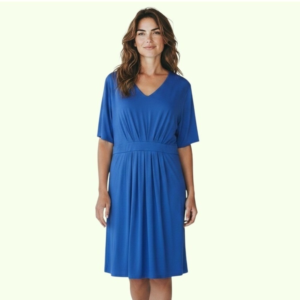 Chicos Classic Pleated Sleeved Dress Womens 3 XL Blue NWT Short V-Neck Stretch